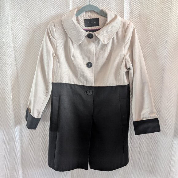 Tahari Colorblock Coat Cream Black Cotton Blend Size Small Overcoat Classic - Picture 9 of 14